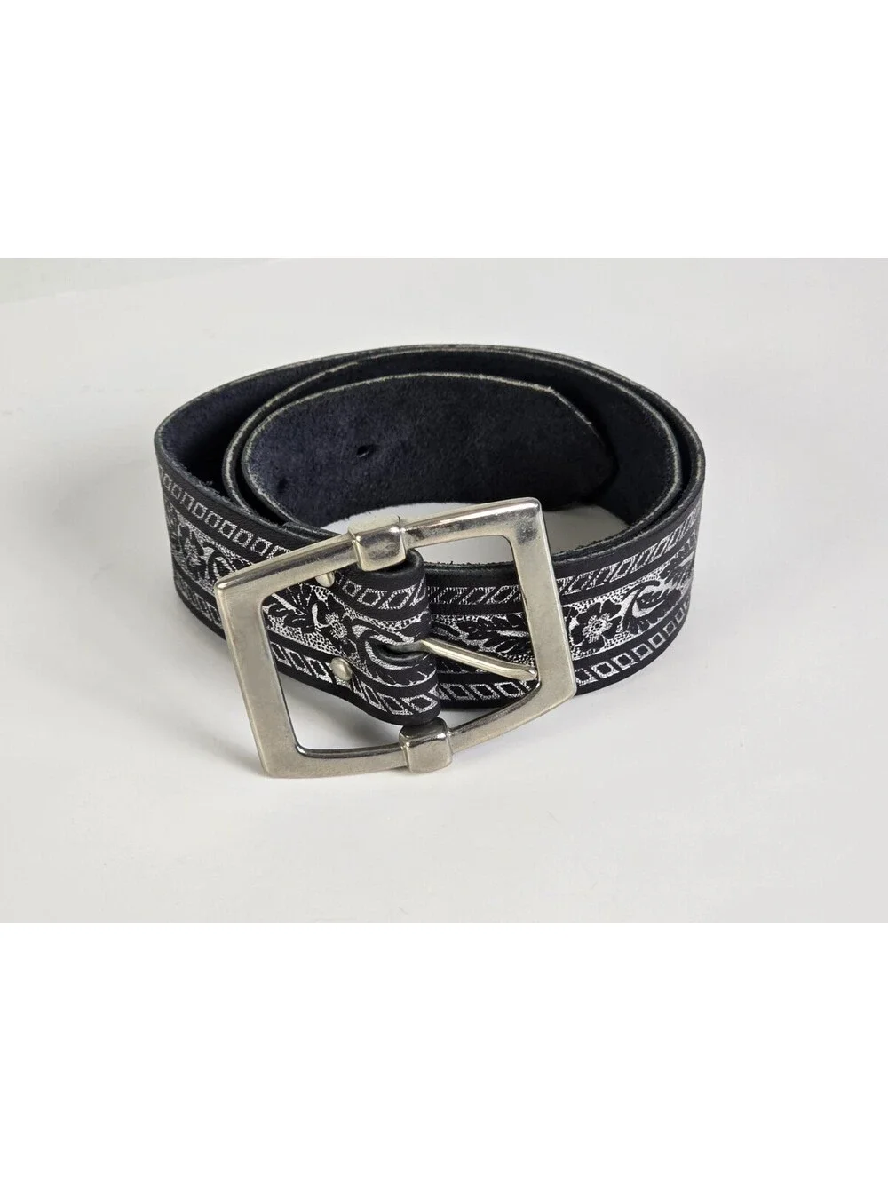 Vintage Embossed Black/Gray Leather Cowhide Belt Silver Buckle Size M 30